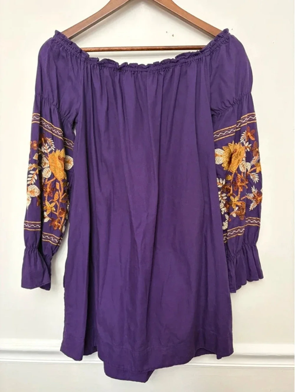 Free People Size S Purple Embroidered Off Shoulder Boho Mini Dress